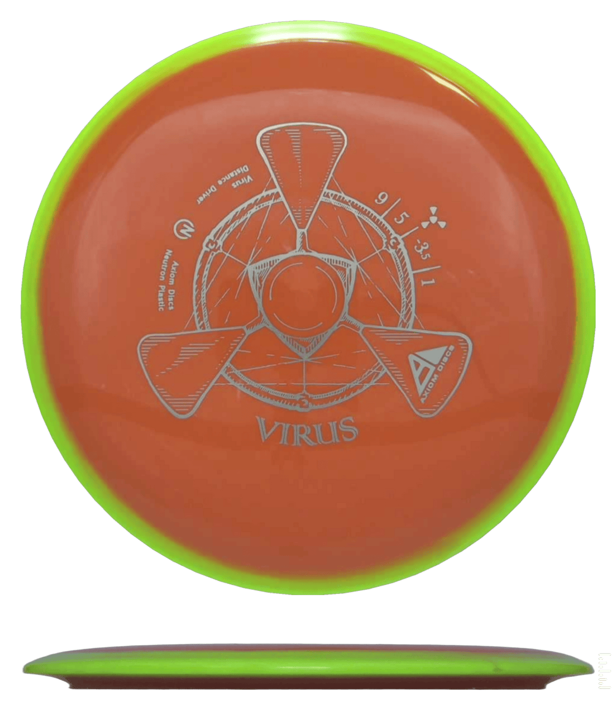 158g - Orange w/ Yellow Rim (Silver) Neutron Axiom Virus - Skyline Disc Golf