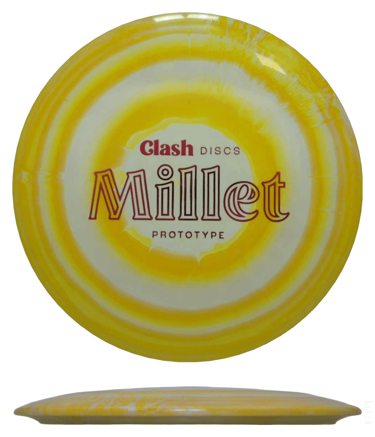 171g - Yellow Swirl (Red Foil) Steady Ring Clash Discs Millet - Skyline Disc Golf