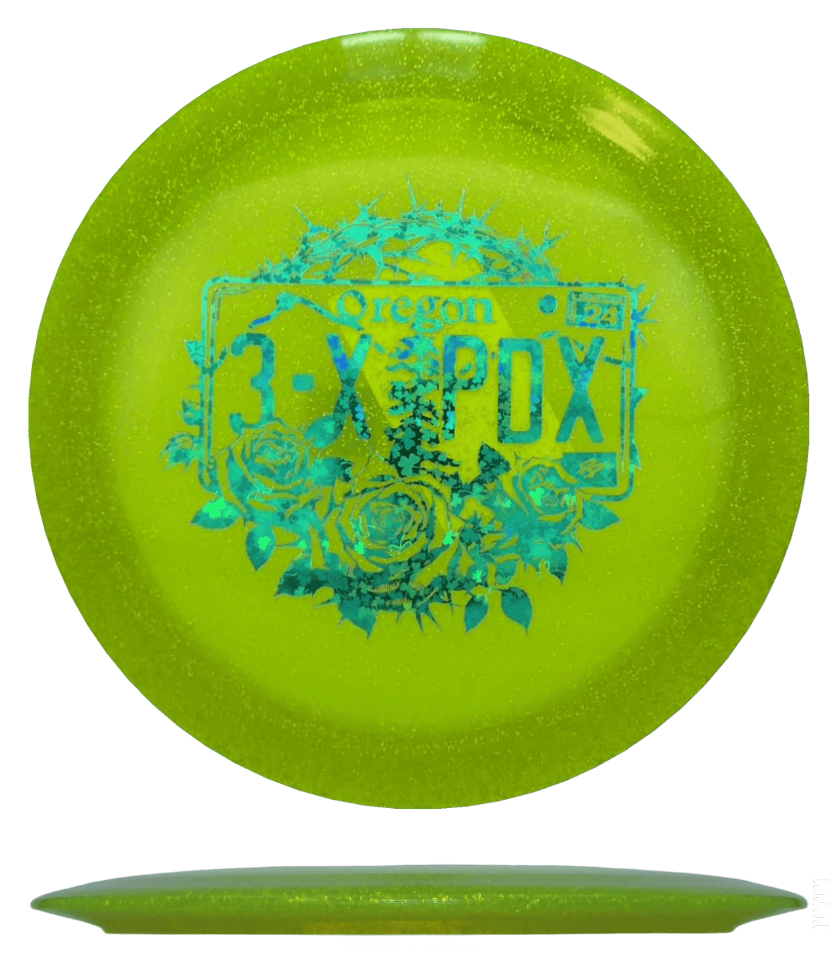164 - 66g - Dirty Lime (Blue Shamrocks) CryZtal Sparkle - 3x PDX Champion Discraft Drive - Skyline Disc Golf