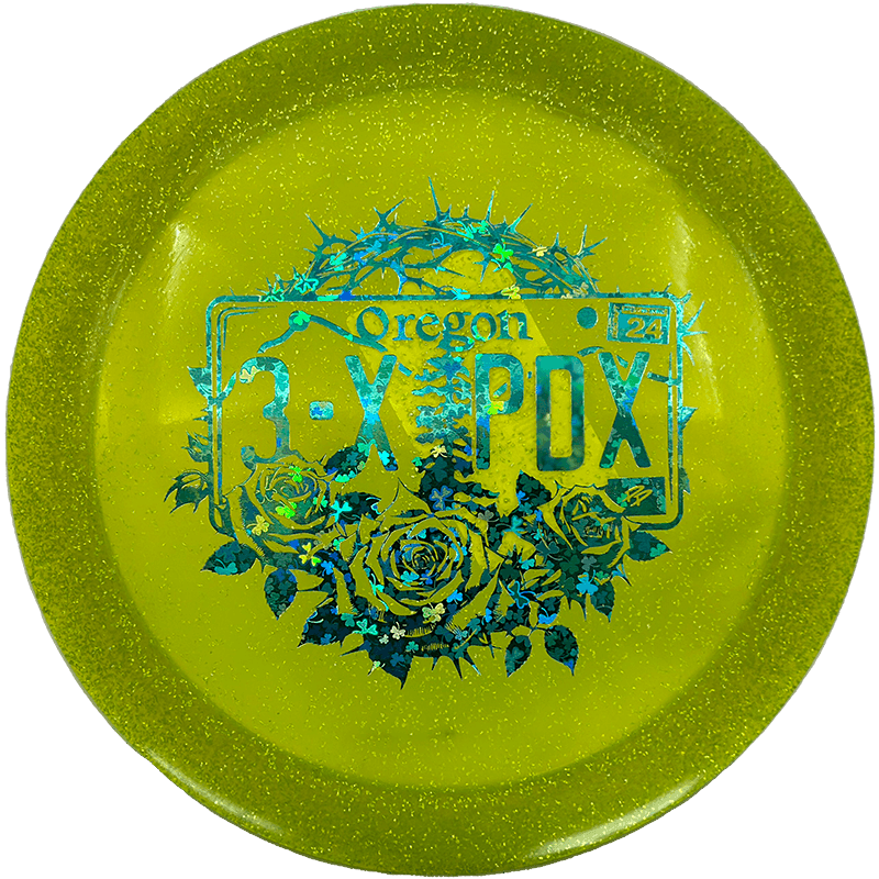 164 - 66g - Dirty Lime (Blue Shamrocks) CryZtal Sparkle - 3x PDX Champion Discraft Drive - Skyline Disc Golf