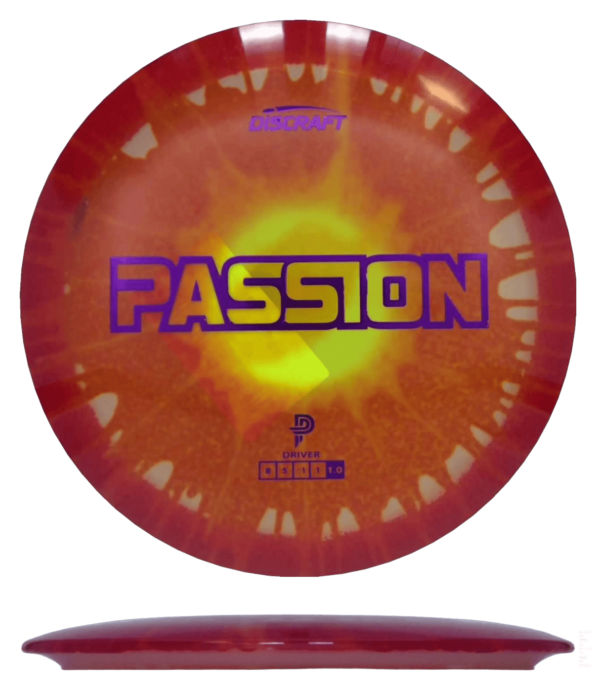 170 - 72g - Red/Yellow Burst (Purple Foil) Fly Dye Z Discraft Passion - Skyline Disc Golf