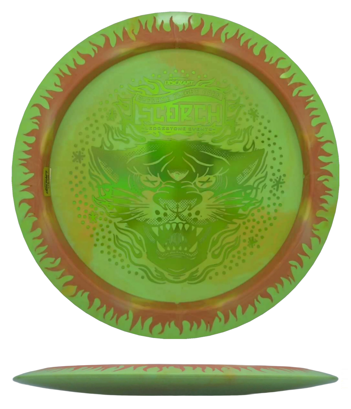 Discraft Scorch - ESP FuZed / 173-74g - Chartreuse Swirl w/ Orange Flames (Yellow Green Chrome - Supreme Flight Open Edition) - Skyline Disc Golf