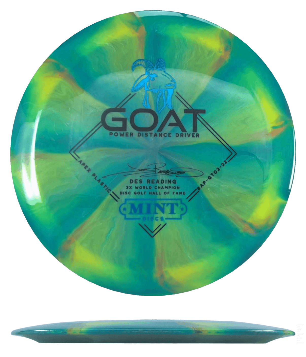 Mint Discs Goat - Swirl Apex / 174g - Green/Yellow Burst (Black/Blue Foil - Des Reading) - Skyline Disc Golf