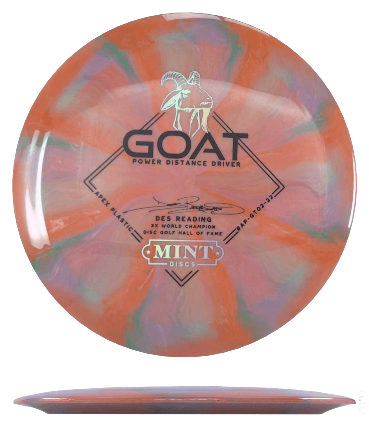 174g - Pink/Melon/Green Burst (Black/Chrome - Des Reading) Swirl Apex Mint Discs Goat - Skyline Disc Golf