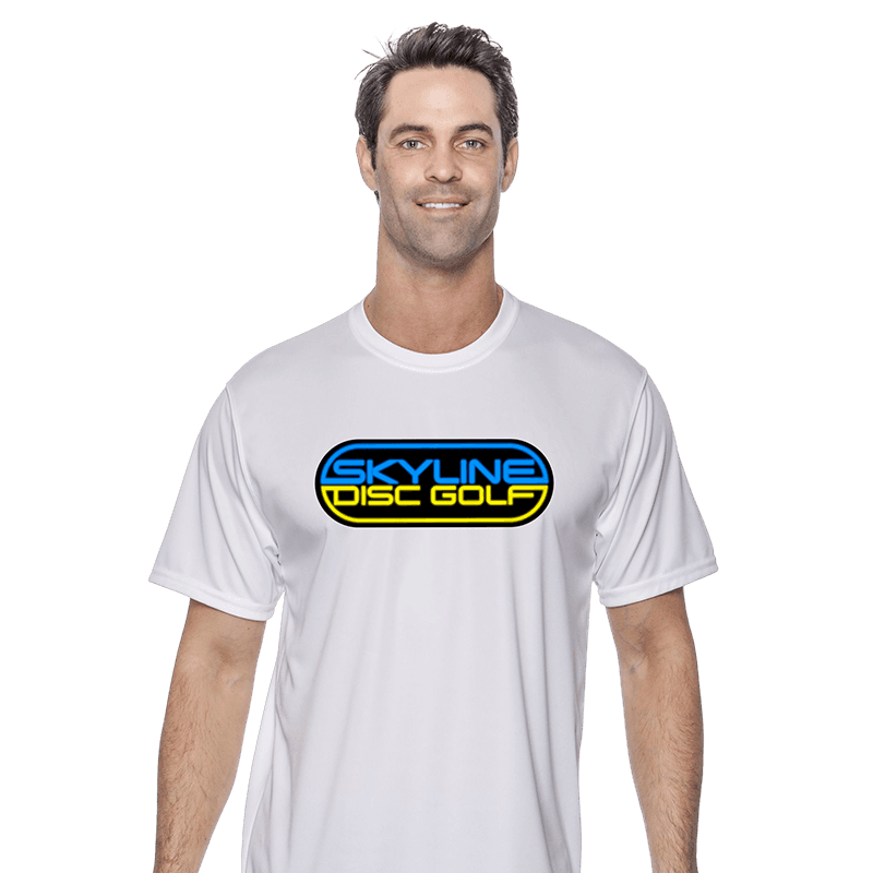 White Moisture Wicking Skyline Disc Golf Neon Tee - Skyline Disc Golf